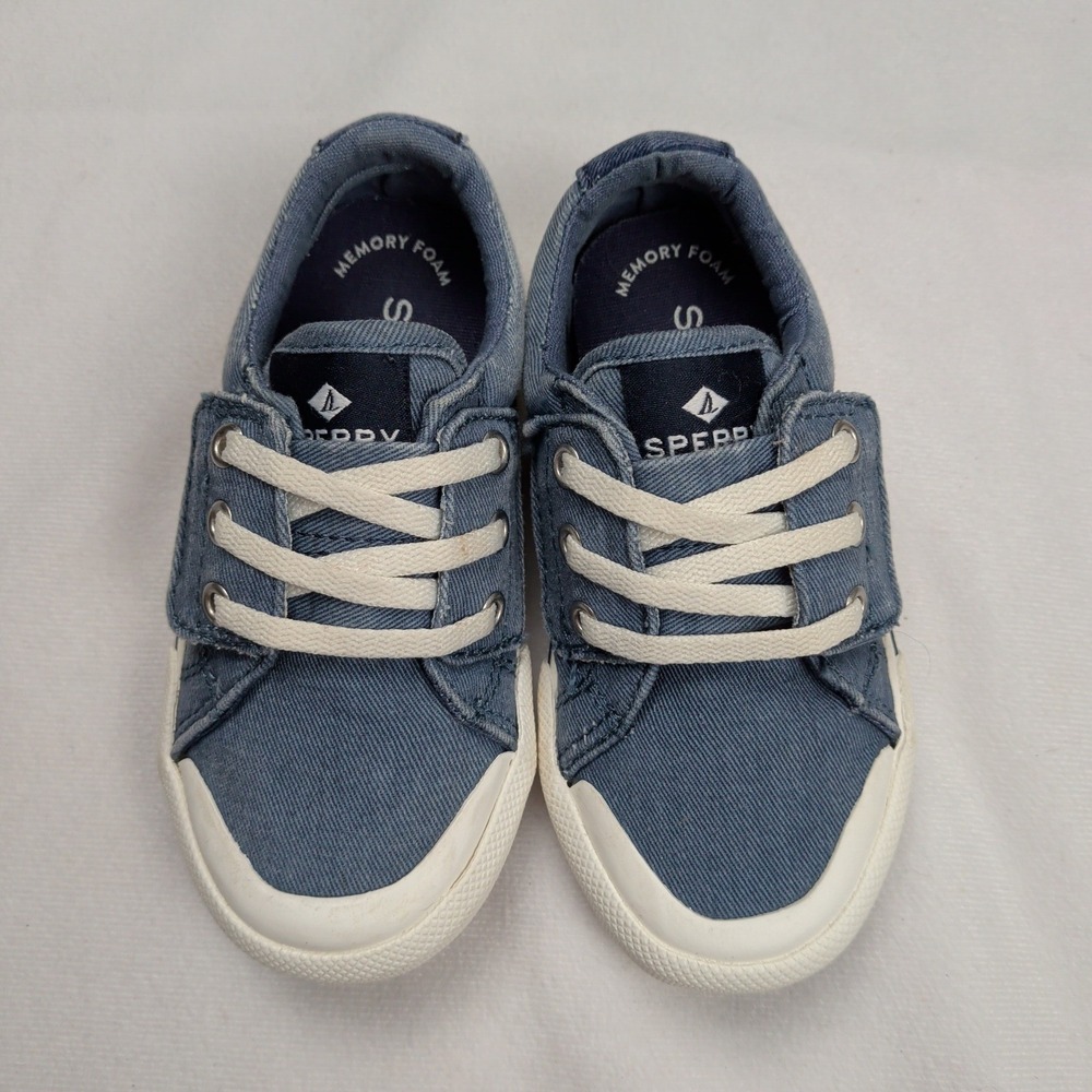 Sperry Striper II Ltt Retro Jr Blue Denim Fabric Sneakers Toddler 7M STL261099 - Picture 2 of 11
